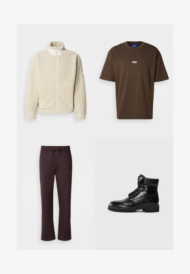 Veste en polaire couleur crème avec un col montant et une fermeture éclair intégrale. Tissu texturé et poignets côtelés. Design minimaliste.; T-shirt en coton marron avec manches courtes et col rond. Présente un petit logo rectangulaire blanc avec l'inscription "HUGO" sur le devant.; Pantalon de survêtement marron foncé avec une taille élastique, un cordon de serrage, des poches latérales et le logo "HUGO" imprimé sur la jambe gauche. Texture douce.; Bottine en cuir noir avec une finition brillante, design à lacets, col rembourré et semelle en caoutchouc robuste avec des grips de traction.