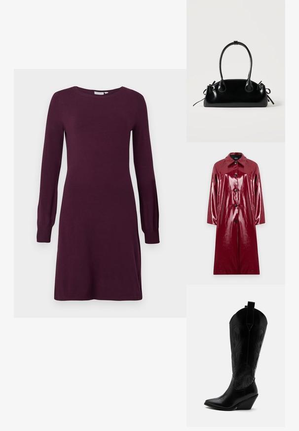 Manteau rouge profond et brillant avec un col, fermeture par boutons et manches longues. Présente une texture lisse et des boutons noirs contrastants.; Robe en tricot d'un violet profond avec un col rond et des manches longues, dotée de poignets ajustés et d'une silhouette décontractée. Texture douce sur l'ensemble.; Botte de cowboy en cuir noir avec bout pointu, talon bloc incliné, couture décorative et languettes en haut sur fond blanc.; Petit sac à main noir brillant avec deux longues anses et des détails à cordon sur les côtés sur un fond clair uni.