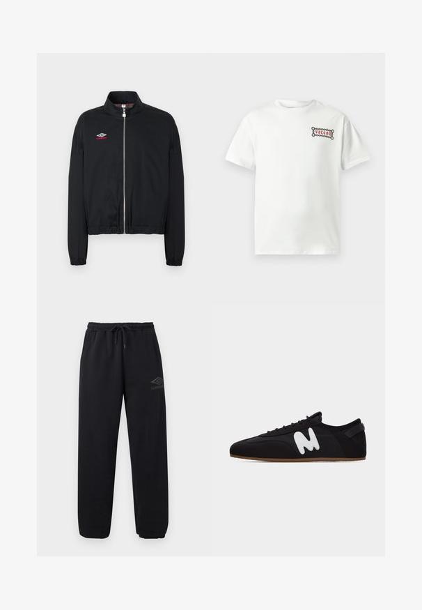 Veste zippée noire avec poignets et ourlet élastiques, dotée d'un col montant et du logo Umbro blanc et rouge sur le côté gauche de la poitrine.; T-shirt en coton blanc à manches courtes, avec un graphique rectangulaire rouge et noir affichant le logo "Volcom" sur la poitrine gauche.; Pantalon de survêtement noir décontracté avec taille et poignets élastiques, cordon de serrage, poches latérales, et un petit logo Umbro sur la cuisse droite.; Baskets basses noires avec une semelle fine marron et un logo stylisé "M" blanc sur le côté, vues de gauche.