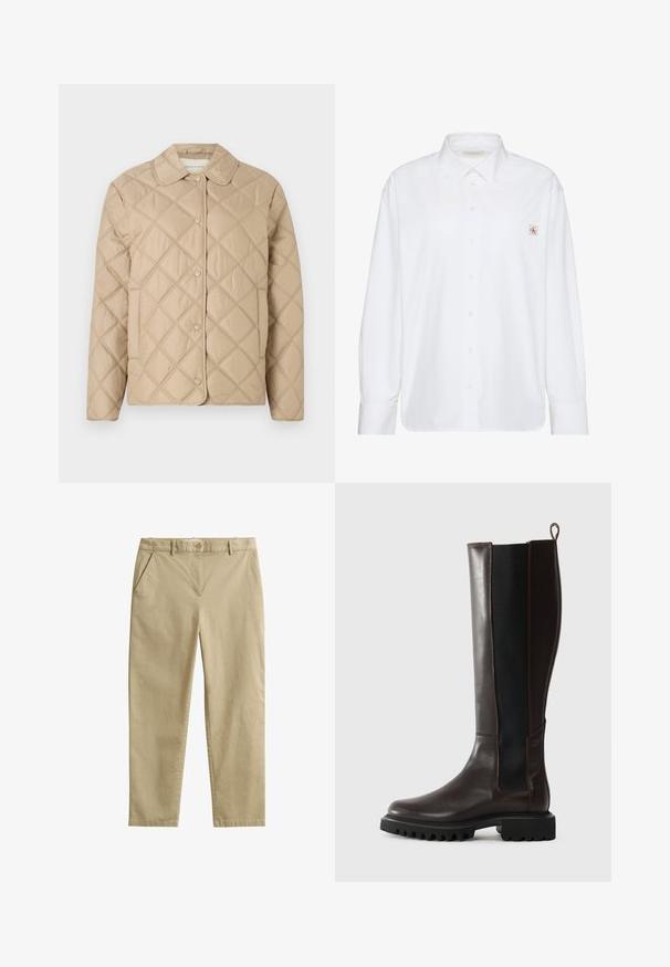 Chaqueta acolchada beige con patrón de diamantes, cuello redondeado, cierre de botón a presión y mangas largas. Textura suave y apariencia ligera.; Camisa blanca de manga larga con botones, cuello puntiagudo y pequeño parche con el logo de Calvin Klein en el bolsillo izquierdo del pecho.; Pantalones beige de corte recto con bolsillos delanteros, trabillas para cinturón y cierre de botón, hechos de una tela lisa.; Botas de cuero marrón hasta la rodilla con paneles laterales elásticos, suela de goma resistente y un tirador en la parte posterior; diseño elegante con texturas contrastantes.