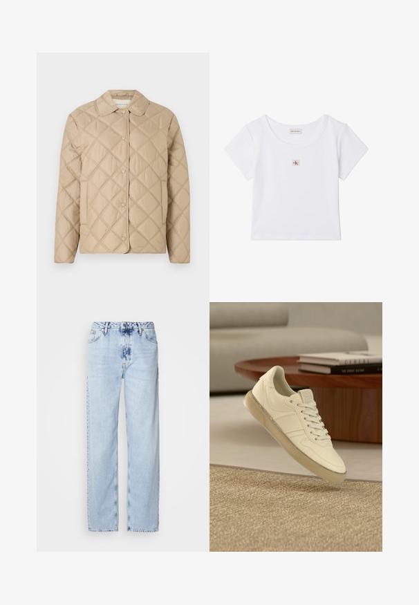 Chaqueta acolchada beige con patrón de diamantes, cuello redondeado, cierre de botón a presión y mangas largas. Textura suave y apariencia ligera.; Top corto blanco de manga corta con cuello redondo y pequeña etiqueta cuadrada con el logo de Calvin Klein Jeans en el centro delantero.; Jeans de pierna ancha en azul claro, confeccionados en denim, con una cintura alta, un lavado desgastado y un sutil patrón de tie-dye en la parte delantera.; Zapatilla deportiva de cuero blanco con diseño de cordones, detalles texturizados y suela de goma translúcida, exhibida sobre una superficie tejida.