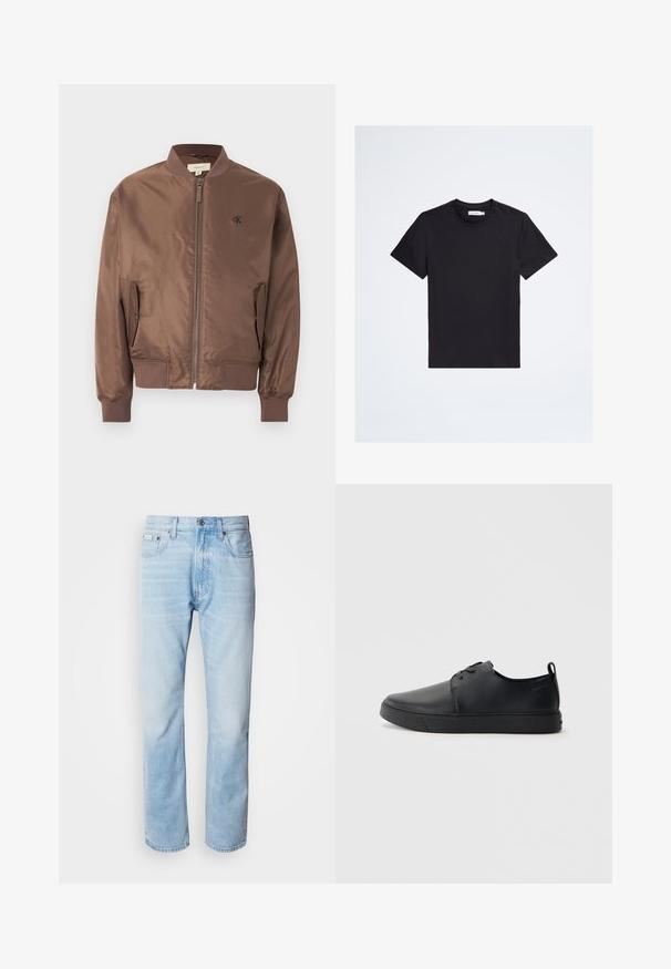Veste aviateur marron avec fermeture éclair frontale, col, poignets et ourlet côtelés, poches latérales à rabat et petit logo "cK" sur la poitrine gauche.; T-shirt noir à manches courtes, col rond, avec un petit logo ton sur ton sur la poitrine gauche et une étiquette blanche de la marque à l'intérieur du col.; Jean en denim bleu clair, à coupe droite, avec des sections décolorées, design à cinq poches et fermeture à bouton classique.; Baskets en cuir noir avec une finition lisse, bout arrondi, coutures ton sur ton, devant à lacets et semelle plate en caoutchouc. Anse au talon.