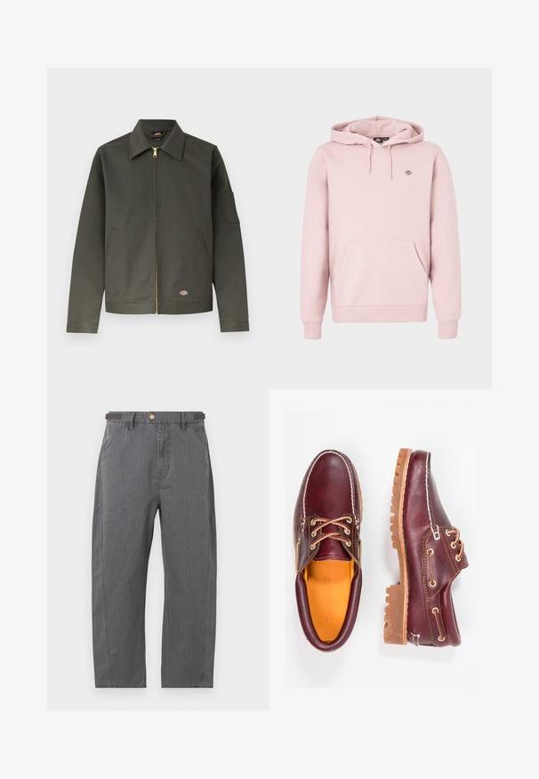 Veste zippée vert foncé avec col pointu, deux poches avant, petite écusson en bas à gauche, et une poche sur la manche gauche.; Sweat à capuche rose clair avec une poche à l'avant, une capuche à cordon réglable et un petit logo sur la poitrine. Confectionné en tissu doux avec des poignets côtelés.; Pantalon gris à jambes droites, avec poches avant, passants pour ceinture et fermeture par bouton en laiton, présenté sur fond blanc.; Chaussures en cuir bourgogne avec semelles en caoutchouc marron, bout rond, couture blanche et œillets dorés. L'intérieur présente une doublure jaune.