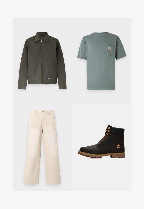 Veste zippée vert foncé avec col pointu, deux poches avant, petite écusson en bas à gauche, et une poche sur la manche gauche.; T-shirt vert clair à manches courtes en coton avec une poche poitrine ornée d'un écusson logo. Texture douce et col rond classique.; Pantalon beige à jambes larges avec poches avant, fermeture par boutons et passants de ceinture, présenté sur un fond blanc uni.; Bottine noire en cuir avec œillets dorés, accents marron et semelle en caoutchouc. Comprend un col rembourré et un logo estampé sur le côté.