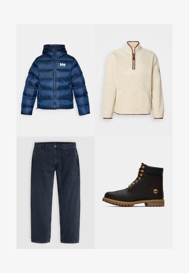 Veste matelassée marine avec fermeture éclair à l'avant et capuche. Fabriquée en matériau brillant et matelassé, elle présente des coutures horizontales et un logo blanc sur la poitrine.; Pull-over en polaire crème avec une fermeture éclair quart; présente des bordures marron sur le col et les poignets. Texture douce, coupe décontractée et poches latérales.; Jean en denim bleu foncé à jambes droites avec poches avant, passants de ceinture et fermeture par bouton à la taille, présenté sur un fond clair.; Bottine noire en cuir avec œillets dorés, accents marron et semelle en caoutchouc. Comprend un col rembourré et un logo estampé sur le côté.