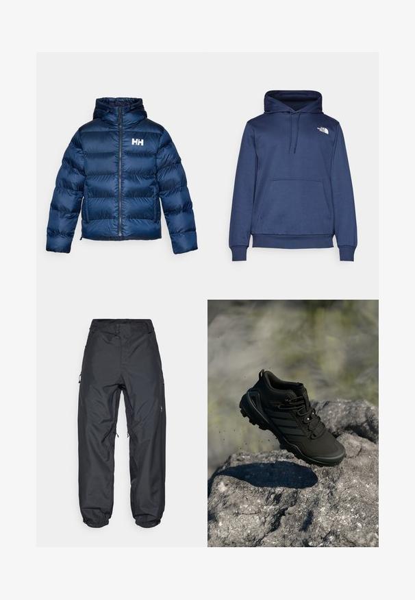 Veste matelassée marine avec fermeture éclair à l'avant et capuche. Fabriquée en matériau brillant et matelassé, elle présente des coutures horizontales et un logo blanc sur la poitrine.; Sweat à capuche bleu marine en tissu doux, avec une poche kangourou à l'avant, une capuche avec cordon de serrage réglable et un petit logo blanc sur la poitrine.; Pantalons imperméables noirs avec une coupe décontractée, dotés de deux boutons à la taille, de poignets ajustables aux chevilles et de poches latérales zippées.; Chaussure de trail running noire avec une semelle robuste flottant au-dessus d'une surface rocheuse, des particules de terre visibles dans un cadre extérieur.