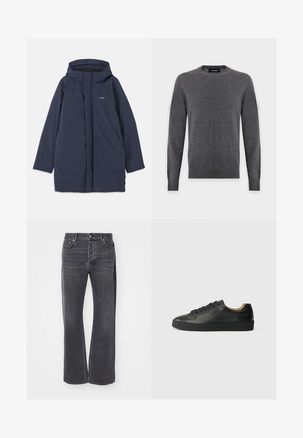 Marineblå vandtæt parka-jakke med hætte, der har en frontlynlås, to sidelommer og et minimalistisk brandlogo på brystet.; Mørkegrå langærmet crewneck-trøje med ribbede manchetter og kant, vist på en ensfarvet lys baggrund.; Sorte højtaljede jeans med løs, bred ben-design. Lavet af denim, med subtil falmning og for- og baglommer.; Sorte lavtop lædersneakers med tekstureret overflade, sorte snørebånd og tyk gummisål, vist fra siden på en lys baggrund.