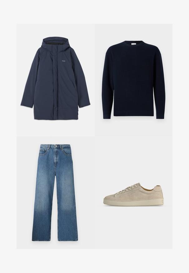 Námornícka modrá vodoodolná parka s kapucňou, disponujúca predným zipsom, dvoma bočnými vreckami a minimalistickým logo značky na hrudi.; Námornícka modrá pletená sveter s okrúhlym výstrihom, dlhými rukávmi a voľným strihom. Mäkka textúra, minimalistický dizajn a žiadne viditeľné vzory.; Džíny s širokými nohavicami v modrej denimovej farbe ponúkajú klasický dizajn s piatimi vreckami, predným zapínaním na gombík a miernym osvetlením pre textúru.; Béžová semišová nízka teniska so zaväzovaním na šnúrky a hrubou gumovou podrážkou, zobrazená z boku na bielom pozadí.