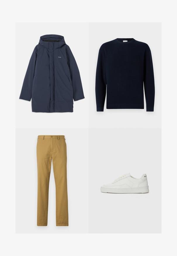 Námornícka modrá vodoodolná parka s kapucňou, disponujúca predným zipsom, dvoma bočnými vreckami a minimalistickým logo značky na hrudi.; Námornícka modrá pletená sveter s okrúhlym výstrihom, dlhými rukávmi a voľným strihom. Mäkka textúra, minimalistický dizajn a žiadne viditeľné vzory.; Béžové bavlnené nohavice so rovnými nohavicami, prednými vreckami a gombíkovým zapínaním. Hladká textúra a minimálny dizajn, bez viditeľných vzorov.; Biele kožené tenisky s hladkým povrchom, okrúly špičkový dizajn, ploché šnúrky a textúrovaná podrážka. Obsahujú jemné logo na päte.