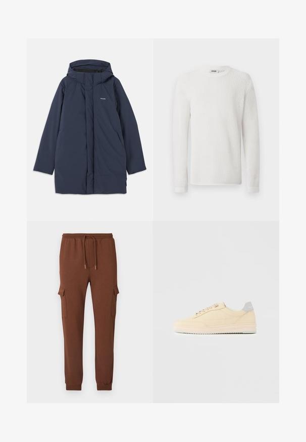 Marineblå vandtæt parka-jakke med hætte, der har en frontlynlås, to sidelommer og et minimalistisk brandlogo på brystet.; Langærmet hvid sweater lavet af tekstureret mesh-stof med rund halsudskæring og ribbede manchetter. Simpelt og let design.; Brune sweatpants lavet af blødt stof, med justerbar snøre i taljen, sidelommer med cargo-design og tætsiddende manchetter ved anklerne.; Beige lavtop sneaker med snørelukning foran, lyserød sål og grå hællap med mærket "Filling Pieces", vist i profil på ensfarvet baggrund.