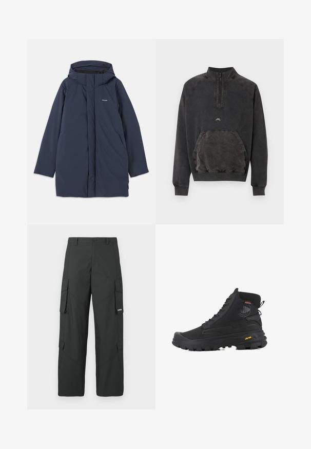 Marineblauwe waterdichte parka-jack met capuchon, voorzien van een voorrits, twee zijzakken en een minimalistisch merklogo op de borst.; Zwart gewassen halve rits sweater met kangoeroezak, geribde manchetten en zoom, en klein "A C W" logo op de borst.; Zwarte cargo broek met rechte pijpen, zijflapzakken, knoopsluiting, riemlussen en een klein wit logo op de flap van de rechterzak.; Zwarte hoge laarzen met een gestructureerd oppervlak, voorzien van een waterdicht ontwerp, vetersysteem en een opvallende rubberen zool met Vibram-merktekens.