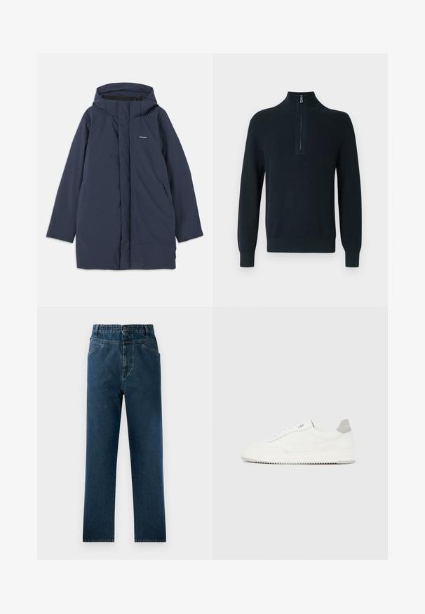Parka impermeable azul marino con capucha, que cuenta con un cierre frontal, dos bolsillos laterales y un logotipo de marca minimalista en el pecho.; Suéter de canalé azul marino oscuro con cuello mao con cremallera y mangas largas. Cuenta con puños y dobladillo ajustados para un ajuste ceñido.; Jeans de mezclilla azul oscuro de pierna recta con cintura alta, que incluyen bolsillos frontales y cierre de botón. Tejido texturizado con un ligero desvanecimiento.; Zapatilla blanca de corte bajo con pestaña en el talón gris, cordones blancos y suela texturizada, presentada sobre un fondo claro y liso.