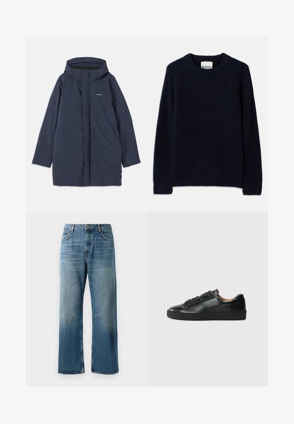 Marineblauer wasserdichter Parkajacke mit Kapuze, ausgestattet mit einem Frontreißverschluss, zwei seitlichen Taschen und einem minimalistischen Markenlogo auf der Brust.; Marineblauer, gerippter Strickpullover mit Rundhalsausschnitt und langen Ärmeln. Verfügt über einen geraden Saum und ein strukturiertes Muster auf der gesamten Oberfläche.; Helle blaue, weit geschnittene Jeans mit einer verblassten Waschung, ausgestattet mit einem Ein-Knopf-Verschluss, fünf Taschen und kontrastierenden Nähten.; Schwarze Leder-Sneaker mit glatter Textur, runder Zehenpartie und Schnürverschluss. Verfügt über eine dicke Gummisohle und minimalistische Marken-Details.