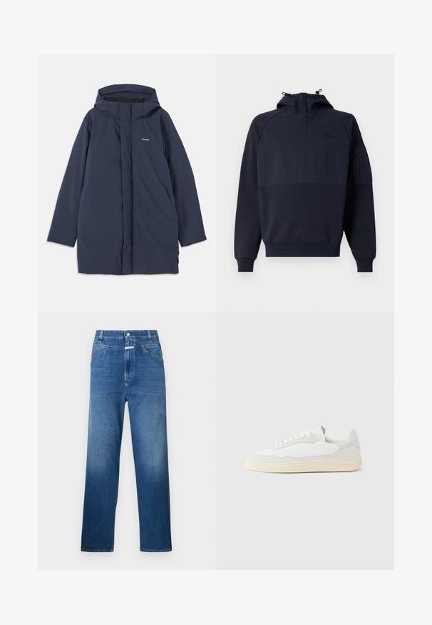Marineblå vandtæt parka-jakke med hætte, der har en frontlynlås, to sidelommer og et minimalistisk brandlogo på brystet.; Navyblå hættetrøje med halv lynlås, der har en kængurulomme og en lomme med lynlås på ærmet. Fremstillet i blødt, tekstureret stof.; Blå denimjeans med lige ben, der har en knaplukning, bæltestropper og let falmning på lårene.; Hvid sneakers med en øvre del i tekstureret ruskind og læder. Har rundet tå, snørelukning og kontrasterende beige gummisål.