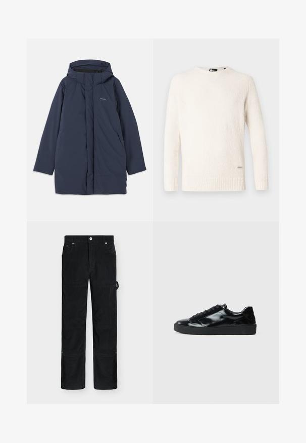 Námornícka modrá vodoodolná parka s kapucňou, disponujúca predným zipsom, dvoma bočnými vreckami a minimalistickým logo značky na hrudi.; Biely textúrovaný sveter s dlhými rukávmi, rebrovaným lemom a okrúhlym výstrihom. Obsahuje malú štítok značky prišitý na dolnej strane.; Čierne rovné manšestrové nohavice s predným gombíkom, slučkou na bočnom vrecku a posilnenými záplatami na kolenách.; Čierne lakované kožené tenisky s okrúhlou špičkou, viazaním, textúrovanou gumenou podrážkou a hladkým povrchom.