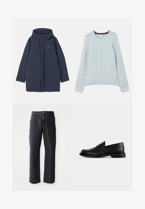 Marineblauer wasserdichter Parkajacke mit Kapuze, ausgestattet mit einem Frontreißverschluss, zwei seitlichen Taschen und einem minimalistischen Markenlogo auf der Brust.; Hellblauer Kabelstrickpullover mit Raglanärmeln, rundem Ausschnitt und gerippten Bündchen. Weiche Textur mit subtilen braunen Akzenten am Ausschnitt.; Schwarze Denim-Jeans mit geradem Schnitt, ausgestattet mit einem Knopfverschluss, fünf Taschen und subtiler Textur. Klassisches Design ohne auffällige Muster.; Schwarzer Leder-Pennyloafer für Herren mit niedrigem, gestapeltem Absatz und abgerundetem Zehenbereich, von der Seite auf hellgrauem Hintergrund gezeigt.