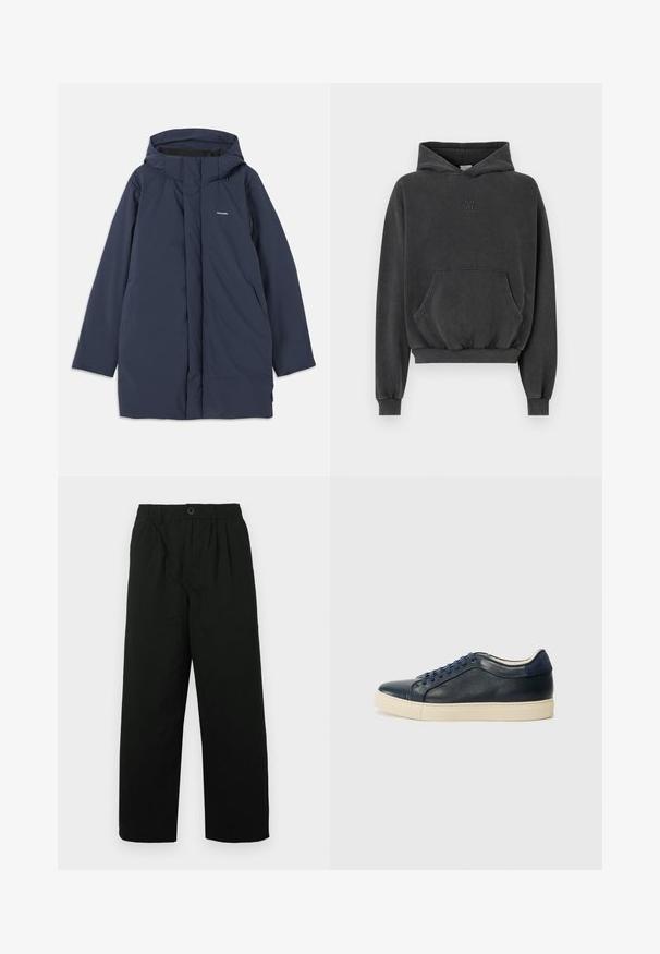Marineblå vandtæt parka-jakke med hætte, der har en frontlynlås, to sidelommer og et minimalistisk brandlogo på brystet.; Mørkegrå hættetrøje med kængurulomme foran, ribbede ærmeafslutninger og kant, med et tonalt broderet logo på brystet.; Sorte, vide bukser med elastisk liv og knaplukning. Lavet af blødt stof, med subtil tekstur og uden mønstre.; Mørkeblå lædersneakers med cremegummisål, udstyret med blå snørebånd og en glat tekstur. Rundet tå og minimalistisk design.