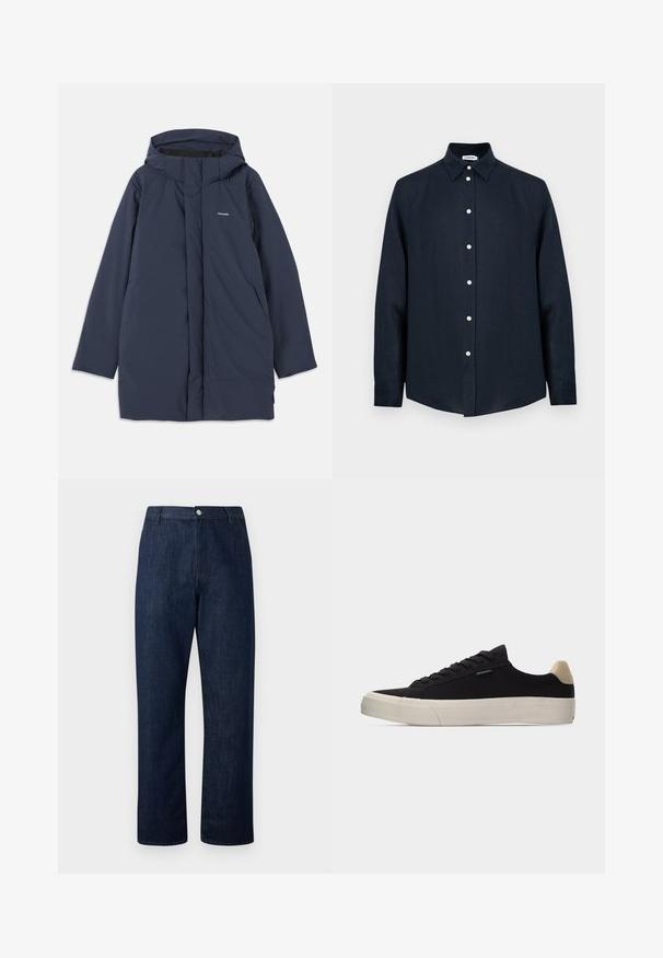 Námornícka modrá vodoodolná parka s kapucňou, disponujúca predným zipsom, dvoma bočnými vreckami a minimalistickým logo značky na hrudi.; Tmavomodrá košeľa s dlhým rukávom na gombíky, bielymi gombíkmi a špicatým golierom, zobrazená na bielom pozadí.; Tmavomodré džínsy s rovnými nohavicami, očkami na opasok, zapínaním na gombík vpredu a zipsom na jednoduchom svetlom pozadí.; Čierna nízka teniska s béžovým pätkovým pásikom, bielou hrubou gumovou podrážkou, čiernymi šnúrkami a malou nášivkou "PS Paul Smith" na boku.