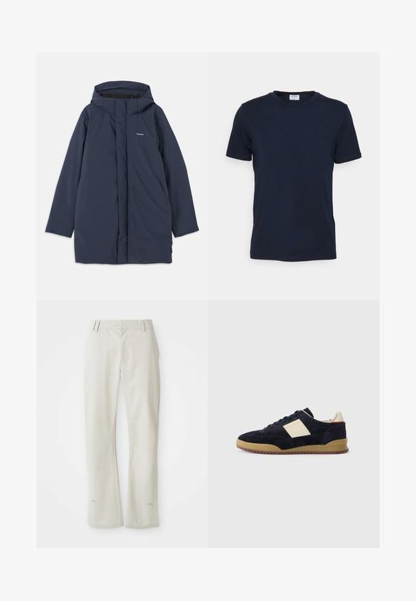 Parka impermeable azul marino con capucha, que cuenta con un cierre frontal, dos bolsillos laterales y un logotipo de marca minimalista en el pecho.; Camiseta de cuello redondo en azul marino, fabricada con tejido suave. Tiene mangas cortas y un corte clásico, con una etiqueta en el cuello. Textura lisa y diseño minimalista.; Pantalones rectos de color gris claro, hechos de una tela suave. Cuentan con bolsillos delanteros, pasadores para cinturón y un logo sutil cerca del dobladillo.; Zapatillas de ante azul marino con panel lateral crema, suela de goma y cordones oscuros, que presentan la marca PS Paul Smith en el lateral y el talón.