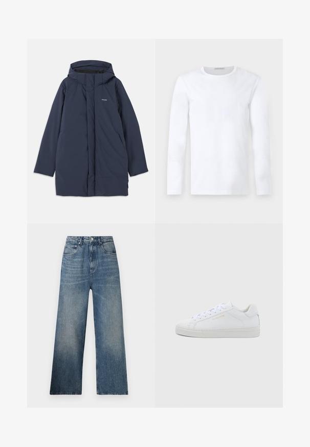 Marineblauer wasserdichter Parkajacke mit Kapuze, ausgestattet mit einem Frontreißverschluss, zwei seitlichen Taschen und einem minimalistischen Markenlogo auf der Brust.; Einfaches weißes Langarmshirt mit Rundhalsausschnitt, schlichtem, cleanem Design ohne sichtbare Muster oder Logos.; Blaue Denim-Hosen mit weitem Bein und hohem Bund, mit subtilen Verfärbungen, fünf Taschen und einem Metallknopfverschluss vorne.; Weiße Leder-Sneaker mit niedrigem Schnitt, runder Zehenpartie, flachen Schnürsenkeln, strukturierter Sohle und dezentem goldfarbenem Markenlogo an der Seite. Glatte Oberfläche und minimalistisches Design.