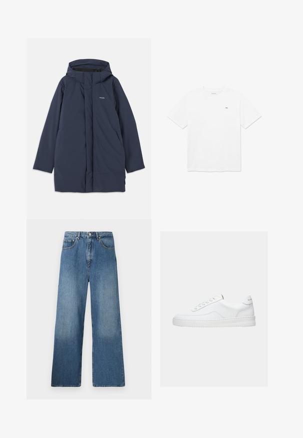 Marineblauer wasserdichter Parkajacke mit Kapuze, ausgestattet mit einem Frontreißverschluss, zwei seitlichen Taschen und einem minimalistischen Markenlogo auf der Brust.; Weißes Baumwoll-T-Shirt mit Rundhalsausschnitt und kurzen Ärmeln. Mit einem kleinen schwarzen Logo auf der Brust. Sauberes und minimalistisches Design.; Breite blaue Denim-Jeans mit klassischem Fünf-Taschen-Design, Knopfverschluss vorne und leichtem Verblassen für Textur.; Weißer Sneaker mit niedrigem Schaft, Schnürdesign, glattem Lederobermaterial und dicker Sohle, von der Seite auf einfachem Hintergrund gezeigt.