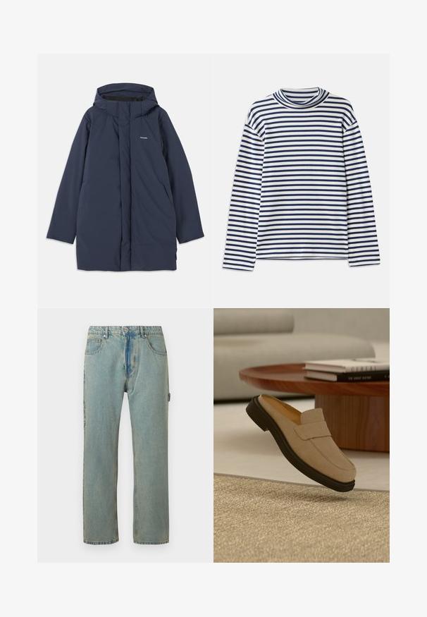 Tumedat sinine veekindel parka jakk kapuutsiga, millel on ees lukuga sulgemine, kaks küljetaskut ja minimaalne brändilogo rinna piirkonnas.; CLOSED TURTLE NECK - Pikkade varrukatega topp - dark night; Heledad sinine, vaba lõikega teksapükse viie taskuga, nupuluku ja nähtava õmblusega. Kanga värv on pleekinud ja tekstuurne.; Beež sametpealsega king plumma musta tallaga, asetatud beežika tekstuuriga vaiba kohale, taustal ümar puidust kohvilaud ja raamatud.