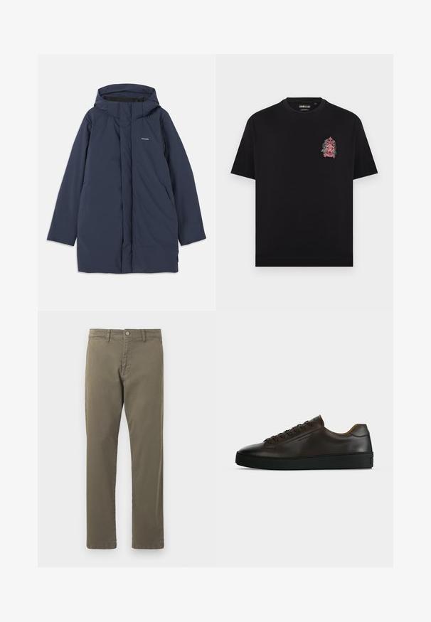 Námornícka modrá vodoodolná parka s kapucňou, disponujúca predným zipsom, dvoma bočnými vreckami a minimalistickým logo značky na hrudi.; Čierne tričko s krátkym rukávom a okrúhlym výstrihom, so malým červeno-bielym vyšívaným erbom na ľavej hornej časti hrudníka.; Olivovozelené bavlnené nohavice so strihom rovného zakončenia, predné vrecká, pútka na opasok a kovové zapínanie na gombík v páse.; Nízky profil tmavohnedých kožených tenisiek s čiernou gumovou podrážkou, šnurovanie vpredu a hladkým minimalistickým dizajnom na svetlom pozadí.