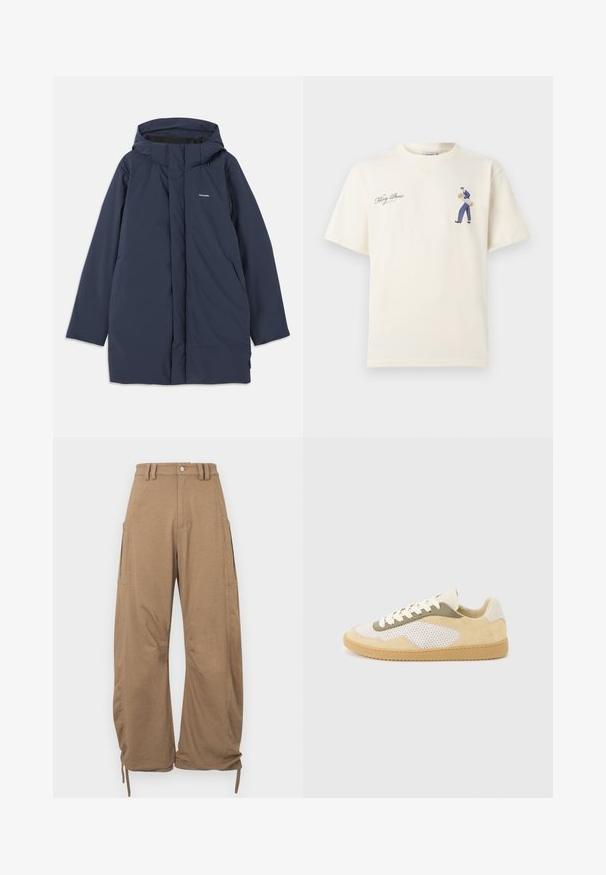Marineblauer wasserdichter Parkajacke mit Kapuze, ausgestattet mit einem Frontreißverschluss, zwei seitlichen Taschen und einem minimalistischen Markenlogo auf der Brust.; Elfenbeinweißes T-Shirt mit kleinem Grafikmotiv einer Person, die Holz trägt, auf der rechten Brustseite und kursivem Text auf der linken Brustseite.; Cargo-Hosen aus hellbraunem Stoff mit zwei Seitentaschen, lockerer Passform, Kordelzügen an den Säumen und Knopfverschluss in der Taille.; Niedrig geschnittener Sneaker aus beigem Wildleder, weißen Mesh-Einsätzen, olivfarbenen Akzenten, weißen Schnürsenkeln und Gummisohle auf hellgrauem Hintergrund.