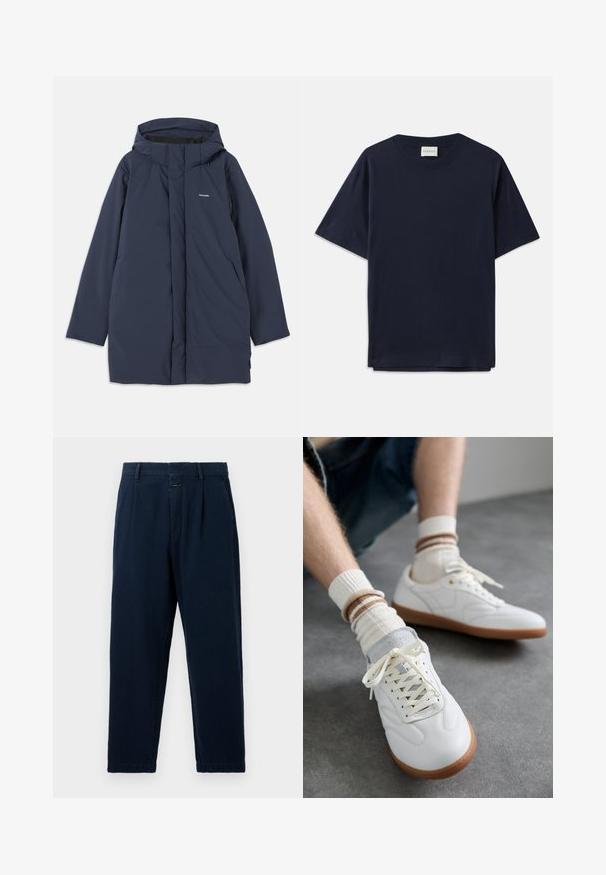 Parka impermeable azul marino con capucha, que cuenta con un cierre frontal, dos bolsillos laterales y un logotipo de marca minimalista en el pecho.; Camiseta de algodón azul marino de manga corta, con cuello redondo y un corte relajado. La etiqueta dice "CLOSED" en el cuello. Textura suave.; CLOSED BLOMBERG - Vaqueros baggy - dark blue; Zapatillas de cuero blanco con una textura suave, detalles en gamuza gris, suelas de goma beige y cordones planos. Combinadas con calcetines a rayas en tonos crema y marrón.