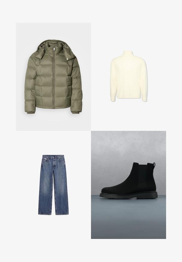 Pufferjakke i olivengrøn med lynlås foran, høj krave og aftagelig hætte. Har kviltede sektioner og elastiske manchetter.; Kremfarvet langærmet højhalset sweater med ribbet manchetter og et diskret logo på brystet, vist på en ensfarvet hvid baggrund.; Blå straight-leg denimjeans med frontlommer, bæltestropper og knaplukning, lagt fladt på en hvid baggrund.; Sort ankelstøvle lavet af glat materiale med diskrete syninger, en gummisål og et strømlinet design, placeret over en overflade med træstruktur.