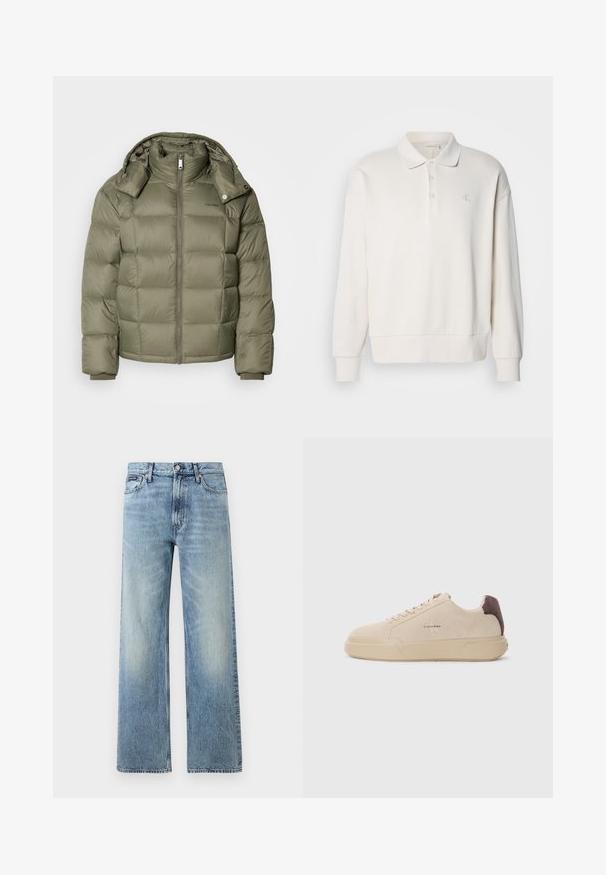 Pufferjakke i olivengrøn med lynlås foran, høj krave og aftagelig hætte. Har kviltede sektioner og elastiske manchetter.; Off-white langærmet polo skjorte med ribbet struktur, tre knapper ved kraven og et diskret logo på venstre bryst.; Lyseblå denim jeans med lige ben, højt talje, fem lommer, knaplukning og diskrete falmede områder på lår og knæ.; Beige ruskind sneakers med rund tå, snørret foran og en brun ruskindsdetalje på hælen. Har en tekstureret gummisål.
