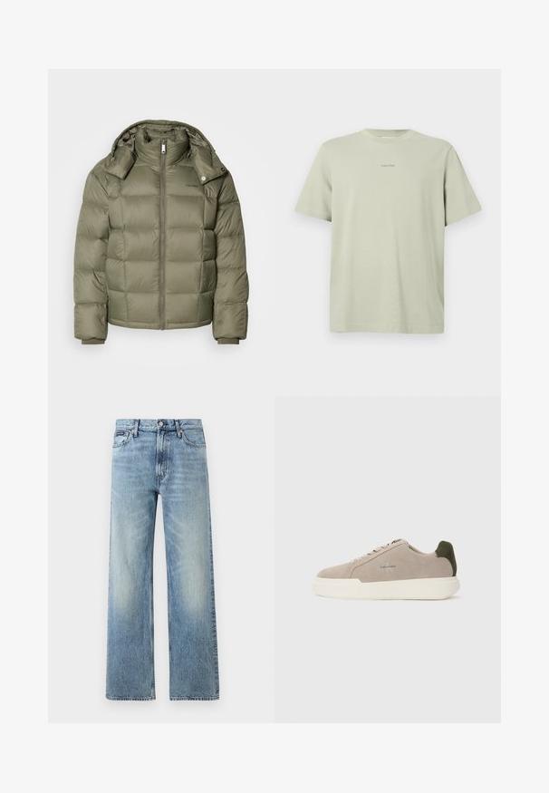 Pufferjack in olijfgroen met een ritssluiting aan de voorkant, hoge kraag en afneembare capuchon. Heeft gestikte secties en elastische boorden.; Lichtgroene katoenen t-shirt met een ronde hals, korte mouwen en een klein Calvin Klein-logo in een donkerdere tint gedrukt op de borst.; Lichtblauwe denim jeans met rechte pijpen, een hoge taille, vijf zakken, knoopsluiting en subtiele vervaging op de dijen en knieën.; Beige suède sneakers met een witte rubberen zool, voorzien van een donkergroene hielaccent en subtiele branding aan de zijkant.
