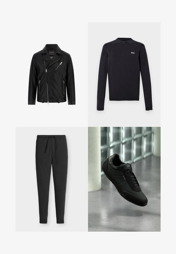 Chaqueta de moto de cuero negro con cuello de solapa, cremallera frontal asimétrica, dos bolsillos laterales y un pequeño bolsillo en el pecho con detalle de cremallera.; Polo de manga larga negro hecho de tela de punto. Cuenta con un cuello con media cremallera, ajuste slim y un pequeño logo blanco en el pecho.; Pantalones deportivos negros tipo tapered con cintura elástica, cordón, bolsillos laterales y puños acanalados aislados sobre un fondo claro.; Zapatilla BOSS de piel negra con cordones, flotando sobre un suelo de hormigón reflectante y una pared de bloques de vidrio como fondo.