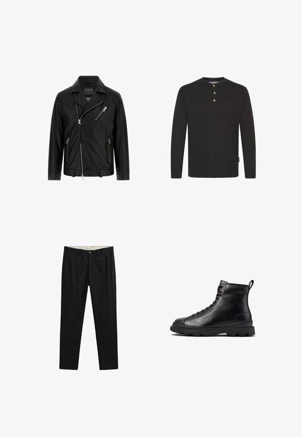Chaqueta de moto de cuero negro con cuello de solapa, cremallera frontal asimétrica, dos bolsillos laterales y un pequeño bolsillo en el pecho con detalle de cremallera.; Camisa henley de manga larga negra, hecha de algodón, con un cuello redondeado, cierre de tres botones y una pequeña etiqueta de logo en el costado.; Pantalones negros de pierna recta con cierre de botón y cremallera, trabillas para cinturón y bolsillos laterales, extendidos sobre un fondo blanco.; Bota de tobillo de cuero negro con cordones, suela de goma gruesa y lengüeta en la parte posterior, mostrada en perfil lateral sobre fondo blanco.