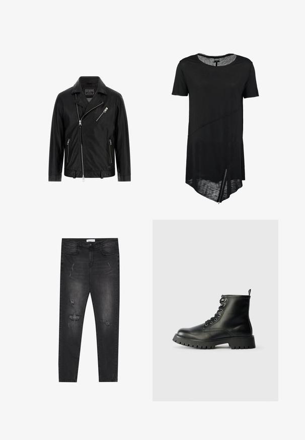 Chaqueta de moto de cuero negro con cuello de solapa, cremallera frontal asimétrica, dos bolsillos laterales y un pequeño bolsillo en el pecho con detalle de cremallera.; Camiseta negra de manga corta con cuello redondo, dobladillo asimétrico, textura transparente y detalle de cremallera lateral. Tejido suave y ligero.; Jeans skinny de mezclilla negra con parches desgastados, diseño de cinco bolsillos y cierre de un solo botón. Tejido texturizado con un ligero estiramiento.; Botas de cuero negro hasta el tobillo con punta redonda, seis ojetes para cordones y una suela gruesa y texturizada con profundasranuras.