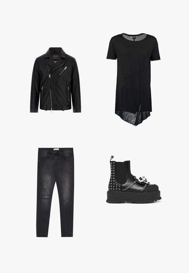 Chaqueta de moto de cuero negro con cuello de solapa, cremallera frontal asimétrica, dos bolsillos laterales y un pequeño bolsillo en el pecho con detalle de cremallera.; Camiseta negra de manga corta con cuello redondo, dobladillo asimétrico, textura transparente y detalle de cremallera lateral. Tejido suave y ligero.; Jeans skinny de mezclilla negra con parches desgastados, diseño de cinco bolsillos y cierre de un solo botón. Tejido texturizado con un ligero estiramiento.; Botín negro de plataforma con tachuelas plateadas, detalles de cadena y una decoración de calavera blanca en el panel frontal.