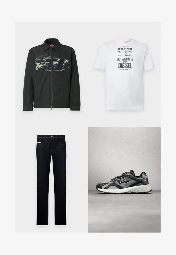 Schwarze Reißverschlussjacke mit auffälligem grafischem Design auf der Vorderseite, hergestellt aus einem glatten Material mit strukturierten Akzenten und Seitentaschen.; Weißes Baumwoll-T-Shirt mit fetter schwarzer Typografie und den Worten "BRAVES" und "DIE-SEL INDUSTRY" sowie einem halbtransparenten Cutout-Design.; Dunkelblaue Jeans aus Denim mit geradem Bein, mit orangefarbener Naht und einem Label auf der Vordertasche. Mit Metallknopfverschluss.; Grauer und schwarzer Sportschuh aus Mesh- und Leder-Materialien, mit gepolstertem Kragen, weißer Mittelsohle, strukturiertem Außensohlenprofil und reflektierenden Akzenten.