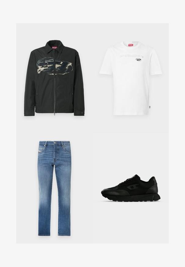 Chaqueta negra con cremallera completa que presenta un diseño gráfico prominente en el frente, confeccionada con un material suave con acentos texturizados y bolsillos laterales.; Camiseta blanca de algodón con cuello redondo y mangas cortas, con un diseño impreso en negro y el nombre de la marca "DIESEL" centrado encima de un gráfico de un ojo.; Vaqueros de mezclilla azul con corte de pierna recta, con un sutil desgaste, cinco bolsillos y cierre clásico de botón en la cintura.; Zapatilla negra de corte bajo con piel texturizada y paneles de tela, cierre de cordones y suela gruesa de goma sobre un fondo claro y liso.