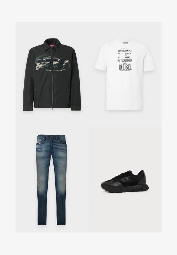Chaqueta negra con cremallera completa que presenta un diseño gráfico prominente en el frente, confeccionada con un material suave con acentos texturizados y bolsillos laterales.; Camiseta blanca de manga corta Diesel con texto gráfico en blanco y negro y logo en la parte delantera, cuello redondo y etiqueta de logo roja en la costura lateral.; Vaqueros de mezclilla azul oscuro con un corte recto, que presentan un diseño desteñido en las piernas, cinco bolsillos y un cierre de botón en la cintura.; Zapatilla negra de corte bajo con suela texturizada, parte superior de malla y cuero, cierre de cordones en la parte delantera y un pequeño logo en relieve en el panel lateral.