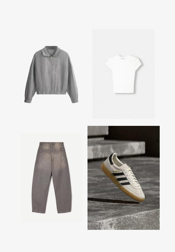 Veste grise zippée avec fines rayures blanches verticales, col montant, manches longues et poignets et ourlet élastiqués.; T-shirt blanc à manches courtes en coton doux, avec un col rond et une coupe ajustée. Pas de motifs ni d'ornements visibles.; Jean en denim gris vu de dos avec deux poches arrière, passants de ceinture et une coupe légèrement fuselée.; Baskets Adidas Spezial blanches avec des rayures noires et une semelle en gomme flottant au-dessus de marches en pierre grises à l'extérieur.