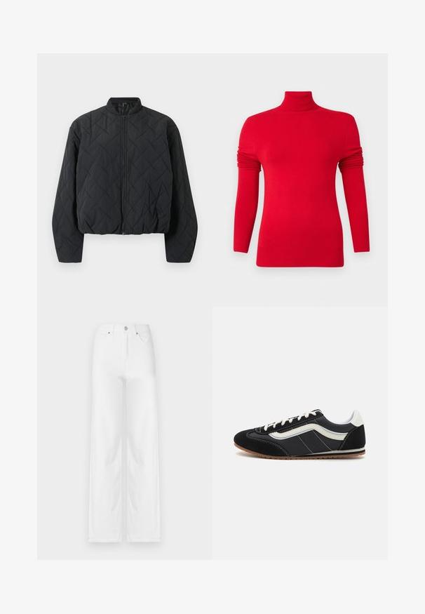 Veste bomber noire matelassée avec un col côtelé, fermeture éclair intégrale à l'avant et manches larges. La surface texturée présente un motif en losanges.; ONLY ONLVENICE ROLLNECK - Pullover - salsa; Jean en denim blanc à jambes larges, avec une fermeture à bouton avant, des passants de ceinture et quatre poches, présentant une texture propre et lisse.; Baskets en suede noir et nylon avec une bande latérale blanche, des lacets blancs et une semelle en caoutchouc gomme, au design bas.
