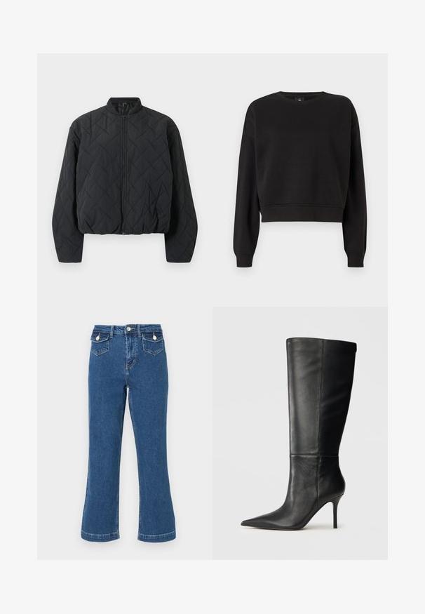 Veste bomber noire matelassée avec un col côtelé, fermeture éclair intégrale à l'avant et manches larges. La surface texturée présente un motif en losanges.; Sweatshirt noir court à manches longues, col rond et poignets côtelés. Fabriqué en tissu doux avec une texture lisse. Sans motifs ni accessoires.; Jean bleu en denim taille haute, évasé, avec coutures surpiquées, deux poches avant et une fermeture à bouton. Texture douce, longueur standard.; Botte noire en cuir, hauteur genou, avec bout pointu et talon aiguille fin, texture lisse, profil latéral sur fond neutre.