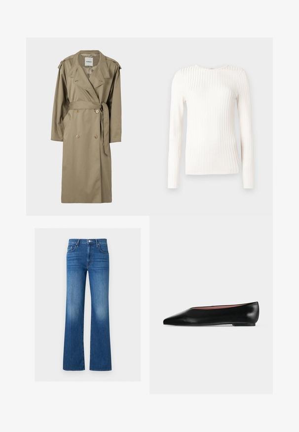 Tan trenchcoat med dobbeltknaplukning, bælte i taljen og sidelommer. Har epauletter og et klassisk kravedesign.; Hvid langærmet top lavet af ribstrikket stof. Har rund halsudskæring og en tætsiddende silhuet med teksturerede striber, der løber lodret.; Blå denimjeans med højtalje, knap- og lynlås-lukning, lommer foran og bagpå samt en let vidde i benene.; Sort damesko i læder med flad hæl og spids tå, vist fra siden på en ensfarvet lys grå baggrund.