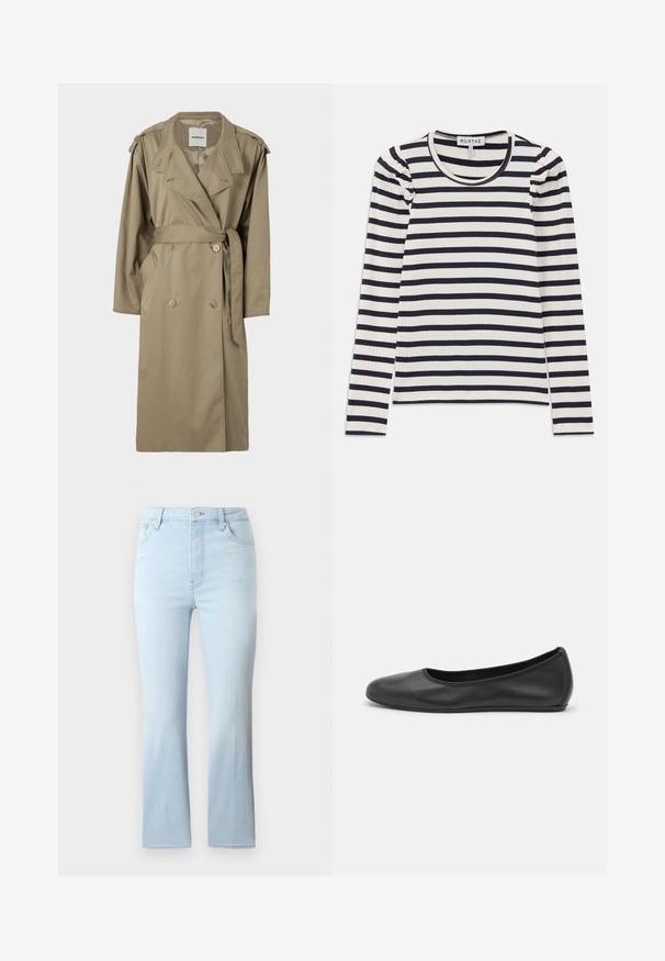 Tan trenchcoat med dobbeltknaplukning, bælte i taljen og sidelommer. Har epauletter og et klassisk kravedesign.; Langærmet ribbet top med horisontale navy og hvide striber; har en rund halsudskæring og sammenrullet detaljer ved skuldrene.; FRAME THE REBOOT CROP - Jeans Bootcut - light blue; Sort læderballetsko med rund tå, glat tekstur, minimal syning og et fleksibelt såldesign.