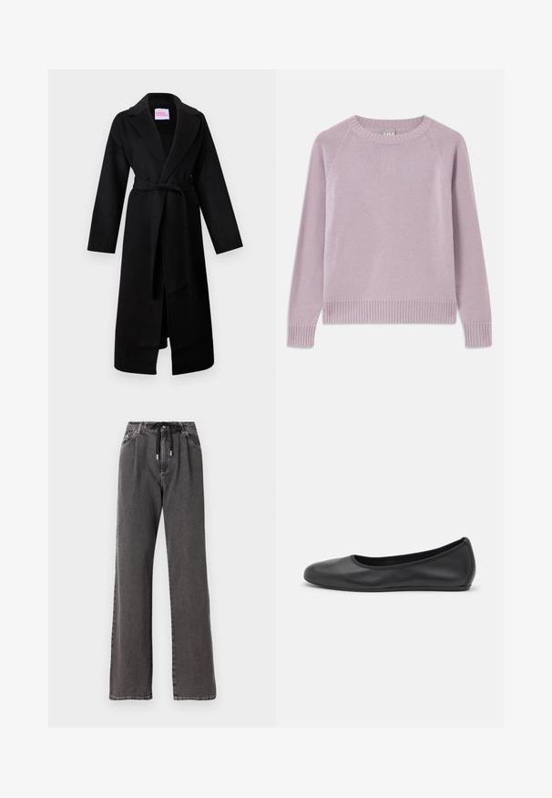 Manteau en laine noire avec col châle, manches longues, ceinture à nouer à la taille et poches latérales. Présente un design minimaliste et une texture lisse.; Pull tricoté léger en violet avec un ourlet et des poignets côtelés, des manches raglan et un col rond. Texture douce et design sans couture.; Pantalon large en denim gris avec taille à cordon et poches avant, confectionné en tissu en coton doux et résistant.; Ballerines en cuir noir avec un bout rond, texture lisse, détails de couture minimalistes et design de semelle flexible.