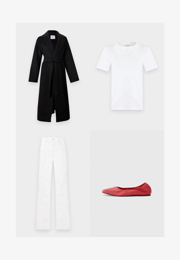 Manteau en laine noire avec col châle, manches longues, ceinture à nouer à la taille et poches latérales. Présente un design minimaliste et une texture lisse.; T-shirt blanc uni à manches courtes avec col rond et une petite étiquette beige à l'intérieur du col portant la mention « CLOSED ».; Jean blanc taille haute à jambe droite avec fermeture à boutons et zip à l'avant, poches latérales, et passants pour ceinture, présenté à plat sur un fond blanc.; Filippa K REY FLATS - Ballerines - bright red