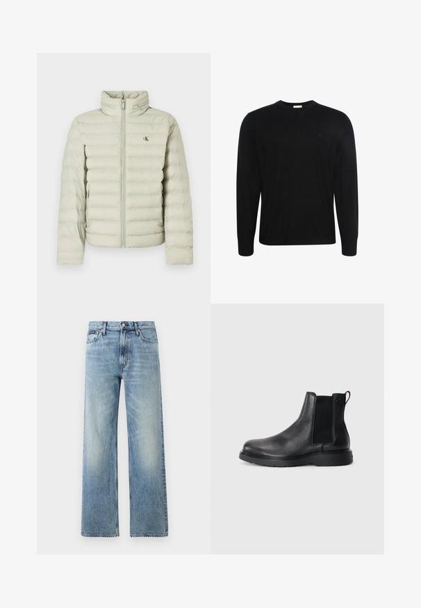 Doudoune gris clair avec col montant, coutures horizontales, fermeture éclair devant, et petit logo sur la poitrine.; Pull noir à manches longues col rond avec un tissu subtilement texturé et un petit logo brodé sur la poitrine gauche.; Jean droit en denim bleu clair avec taille haute, cinq poches, fermeture à boutons et léger délavage sur les cuisses et les genoux.; Bottes Chelsea en cuir noir avec une finition texturée, des panneaux latéraux élastiques et une semelle en caoutchouc robuste. Branding subtil sur le talon.