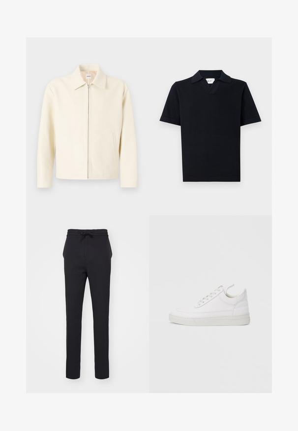 Cremefarvet jakke med en struktureret krave, lynlås foran og sidelommer. Lavet af glat materiale og har et minimalistisk design.; Sort kortærmet polo shirt lavet af et glat stof, med en klassisk krave og et diskret V-hals design samt en lige kant.; Sorte, tætsiddende bukser lavet af et blødt stof. Har en elastisk talje med snore og sidelommer med en glat overflade.; Hvid lædersneaker med rundet tå, flad sål og snørebånd foran. Har syningsdetaljer og polstret krave for komfort.