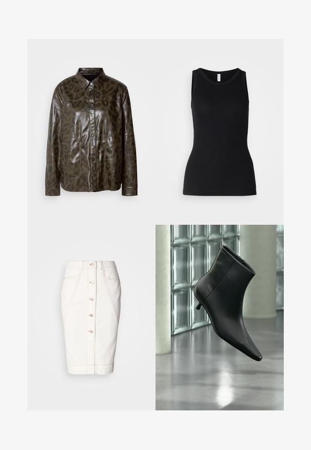 Veste en cuir vert foncé avec finition brillante, fermeture à boutons, col pointu et motif léopard marron. Comprend deux poches avant.; Débardeur noir sans manches en tissu côtelé, avec un col rond et une coupe ajustée, à la texture douce et sans motifs.; Jupe en denim blanc avec un bouton à l'avant, couture visible et une silhouette crayon. Pas de poches visibles. Texture lisse.; Bottine en cuir noir à bout pointu et petit talon kitten, présentée en angle devant un sol poli et un mur en blocs de verre.