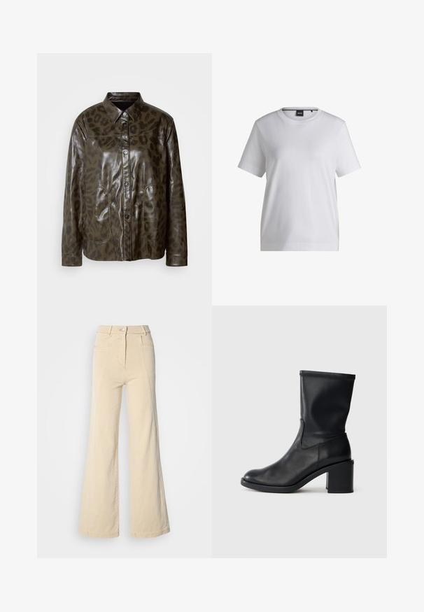 Veste en cuir vert foncé avec finition brillante, fermeture à boutons, col pointu et motif léopard marron. Comprend deux poches avant.; T-shirt en coton blanc avec un col rond, des manches courtes et une coupe décontractée. Il présente une petite étiquette de marque près du col.; Jeans beige à jambes larges avec taille haute, poches avant, et couture contrastée, dotés d'une fermeture à bouton et d'une texture en coton lisse.; Botte en cuir noir à cheville avec un bout rond, texture lisse et un talon épais, présentant un tige ajustée et un subtil détail de couture.